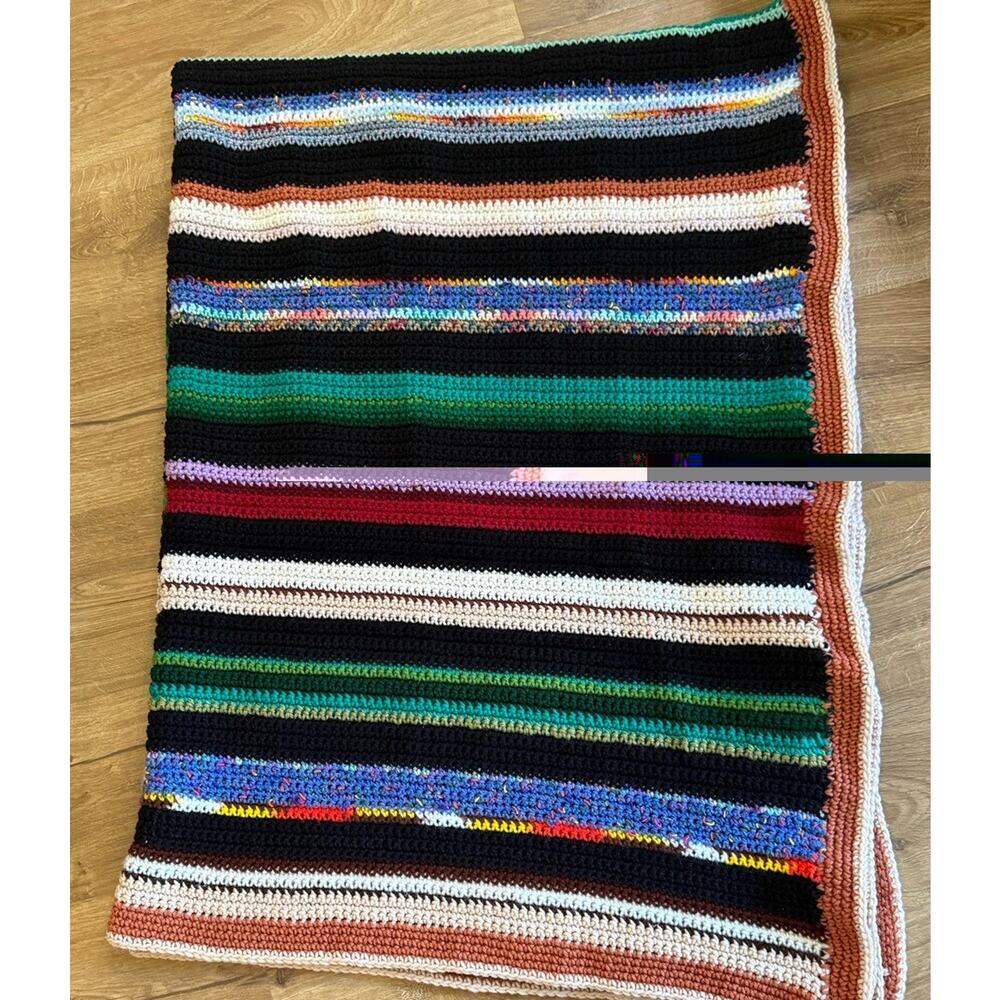 Extra Large Crochet Rainbow Blanket Vintage 72x52” Earth Tones Ruffled Edges